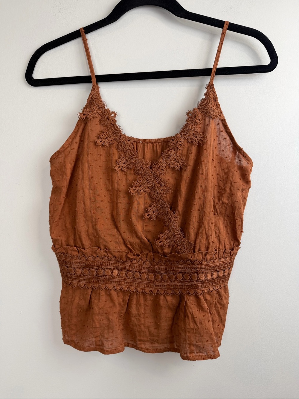 Sweet Wanderer Women’s Babydoll V- Neck Tank Top Rust Brown Eyelet Orange Size M